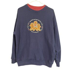Retro Gingerbread Sweatshirt M Blue Grandma Festive Holiday 80s Earthy Colorful